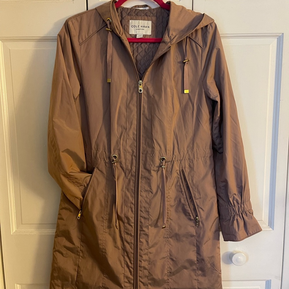 Cole Haan Tan Trench Coat with Hood and Full-Length Zipper